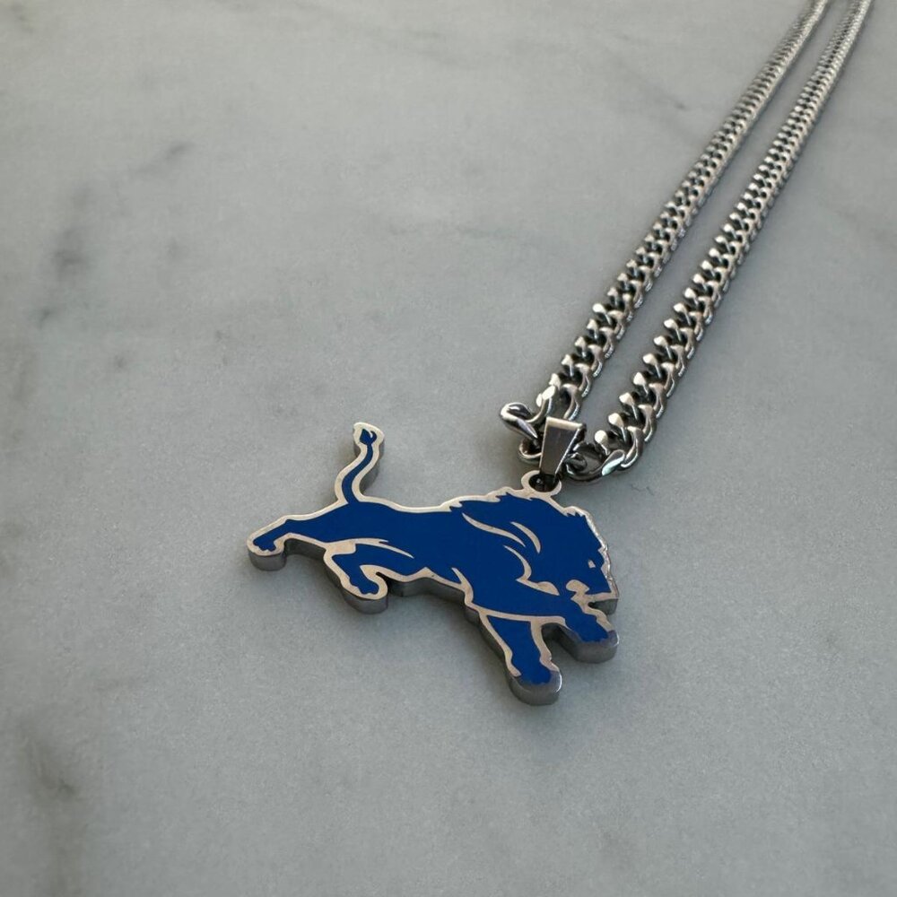 Blue Detroit Lions Necklace - NFL - Football - 5mm Cuban - 20" Silver Chain